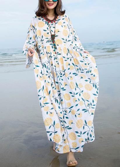 Unique o neck exra large hem linen dress pattern white print Dresses summer - SooLinen