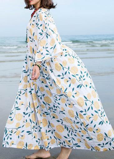 Unique o neck exra large hem linen dress pattern white print Dresses summer - SooLinen