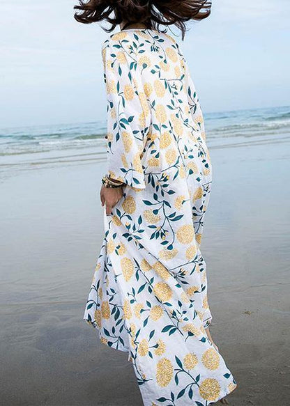 Unique o neck exra large hem linen dress pattern white print Dresses summer - SooLinen