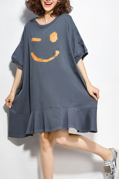 Einzigartige O-Ausschnitt Halbarm Baumwolle Quilting Kleidung Mode Arbeitsoutfits grau Tunika Kleider Sommer