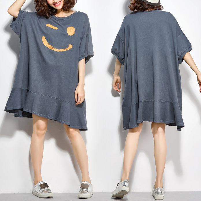 Einzigartige O-Ausschnitt Halbarm Baumwolle Quilting Kleidung Mode Arbeitsoutfits grau Tunika Kleider Sommer