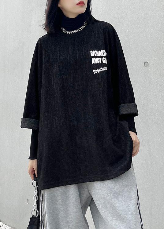 Unique o neck half sleeve clothes For Women black Letter top - SooLinen