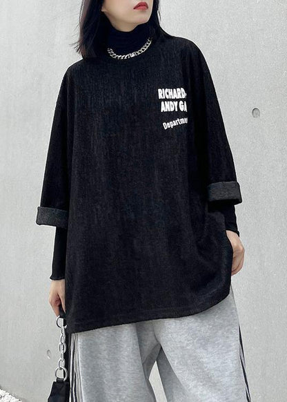 Unique o neck half sleeve clothes For Women black Letter top - SooLinen