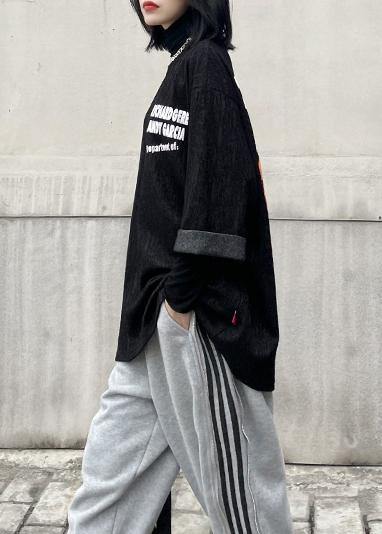 Unique o neck half sleeve clothes For Women black Letter top - SooLinen