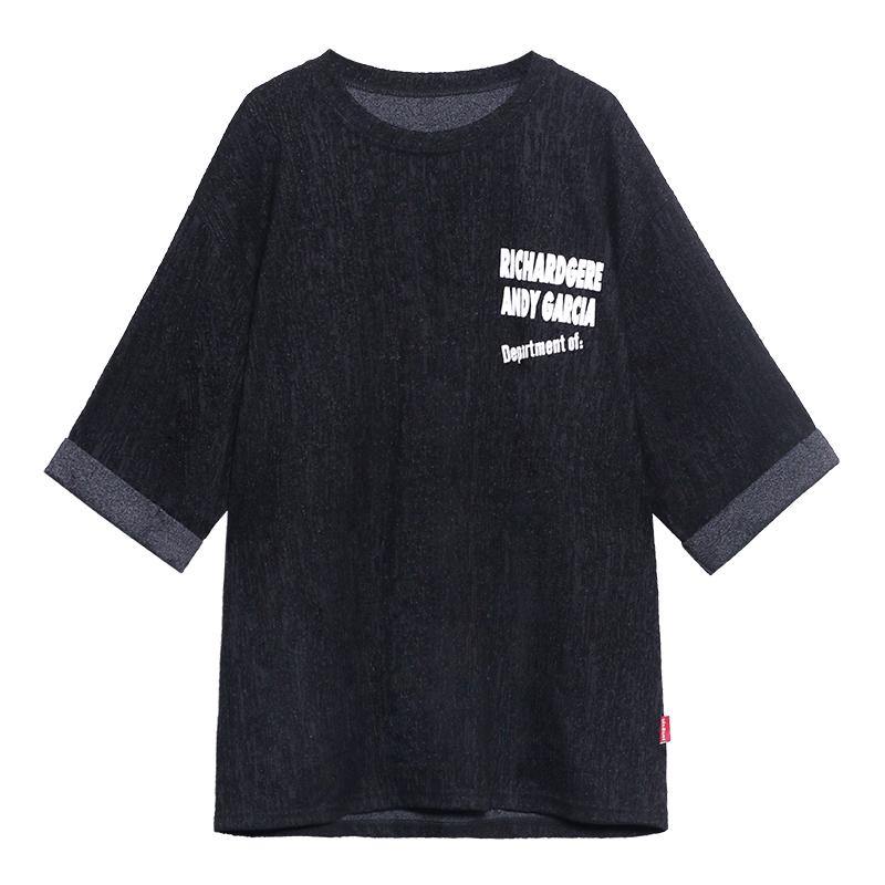 Unique o neck half sleeve clothes For Women black Letter top - SooLinen