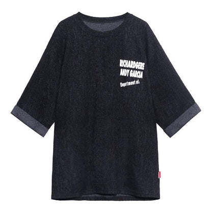 Unique o neck half sleeve clothes For Women black Letter top - SooLinen