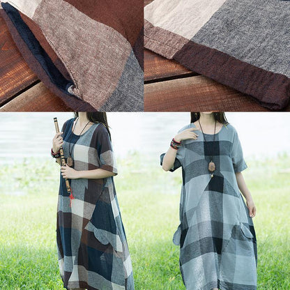 Unique o neck linen dresses light gray plaid patchwork loose Dresses sundress - SooLinen