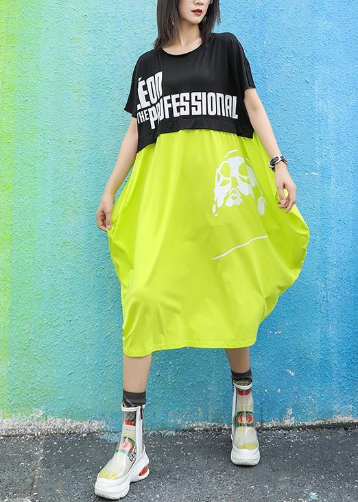 Unique o neck patchwork Cotton dresses Wardrobes black green print Dresses summer - SooLinen