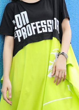 Unique o neck patchwork Cotton dresses Wardrobes black green print Dresses summer - SooLinen