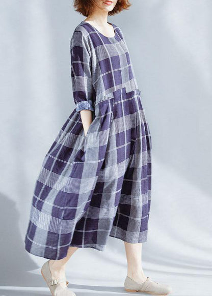 Unique o neck patchwork cotton outfit Catwalk blue plaid Dresses summer - SooLinen