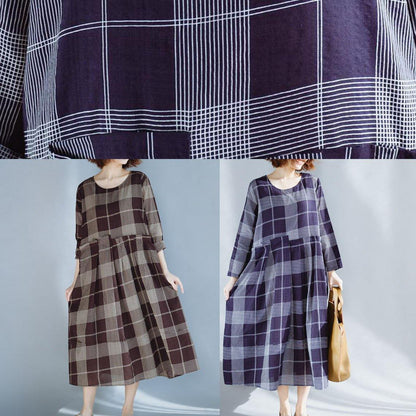 Unique o neck patchwork cotton outfit Catwalk blue plaid Dresses summer - SooLinen