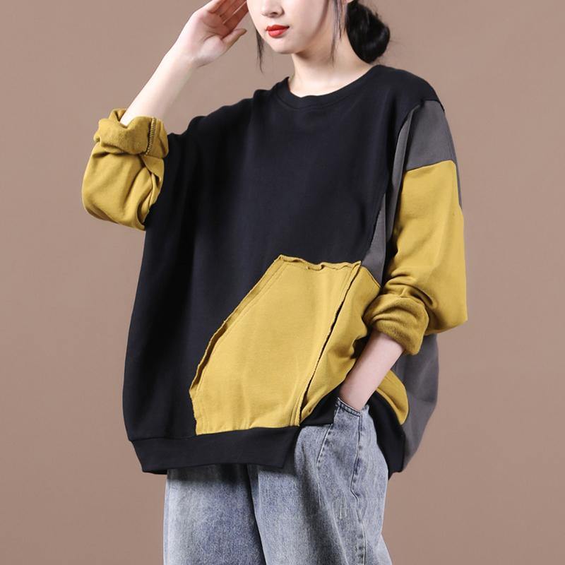 Unique o neck patchwork fall Blouse Fabrics yellow shirts - SooLinen