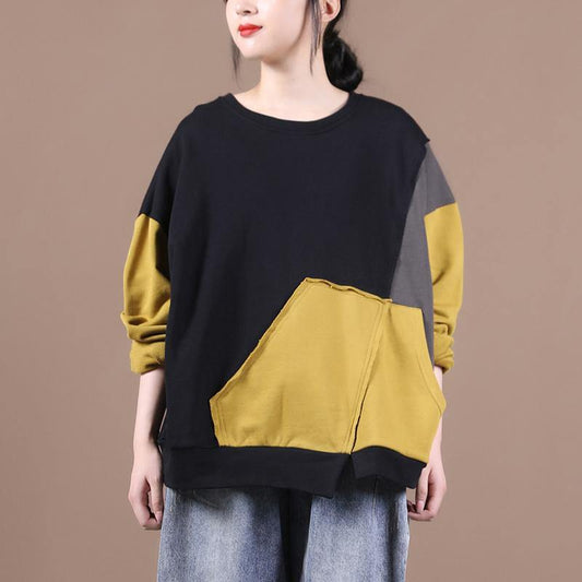 Unique o neck patchwork fall Blouse Fabrics yellow shirts - SooLinen