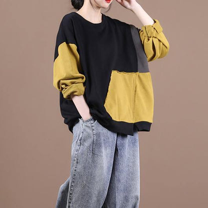 Unique o neck patchwork fall Blouse Fabrics yellow shirts - SooLinen