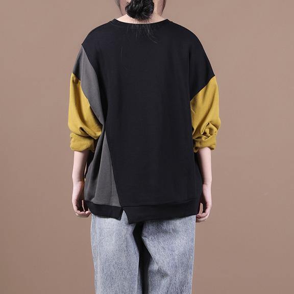 Unique o neck patchwork fall Blouse Fabrics yellow shirts - SooLinen