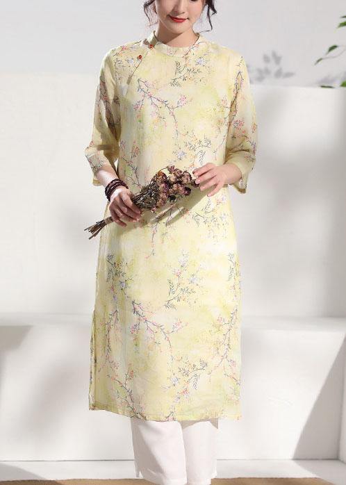 Unique o neck patchwork linen summer clothes Runway yellow print Dresses - SooLinen