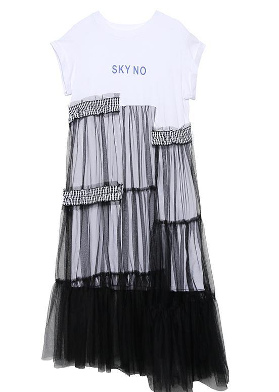 Unique o neck patchwork tulle cotton dress black Art Dresses summer - SooLinen