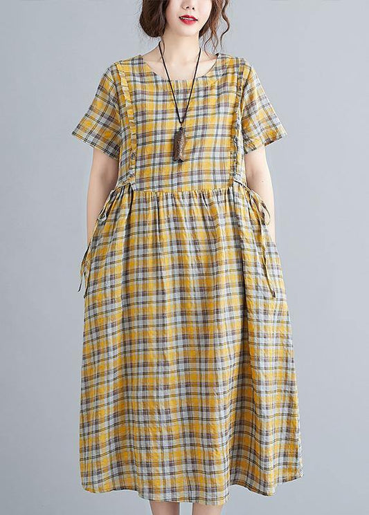 Unique o neck tie waist clothes Neckline yellow plaid loose Dress - SooLinen
