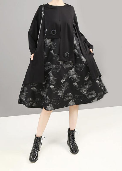 Unique patchwork cotton prints dress Shirts black Dress - SooLinen