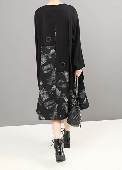 Unique patchwork cotton prints dress Shirts black Dress - SooLinen