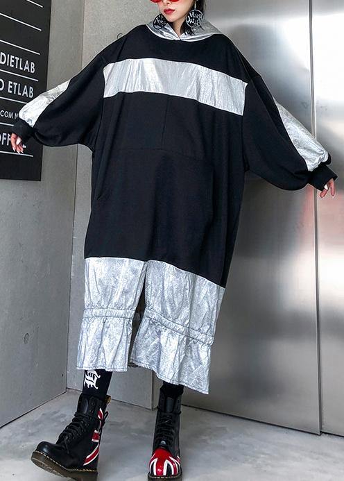 Unique patchwork hooded cotton Tunic Fashion Ideas black Plus Size Dress - SooLinen