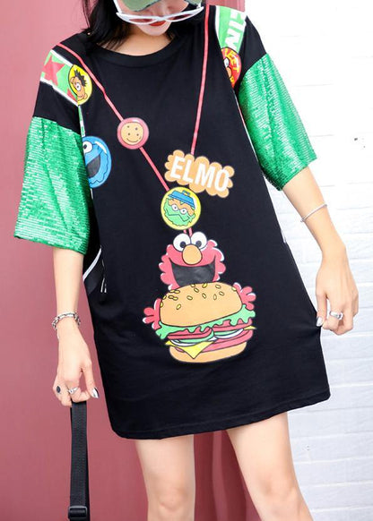 Unique prints cotton Blouse Sewing black o neck blouses summer - SooLinen