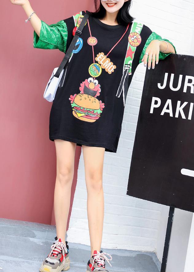 Unique prints cotton Blouse Sewing black o neck blouses summer - SooLinen