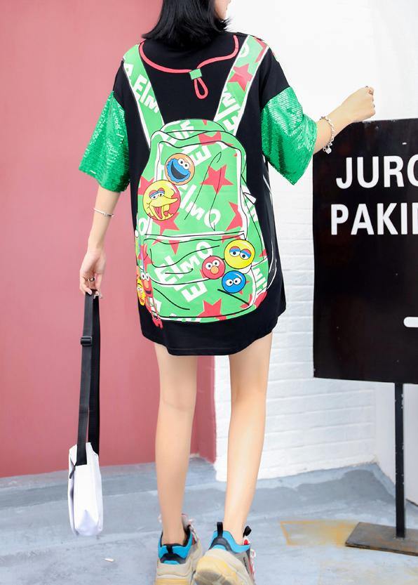 Unique prints cotton Blouse Sewing black o neck blouses summer - SooLinen