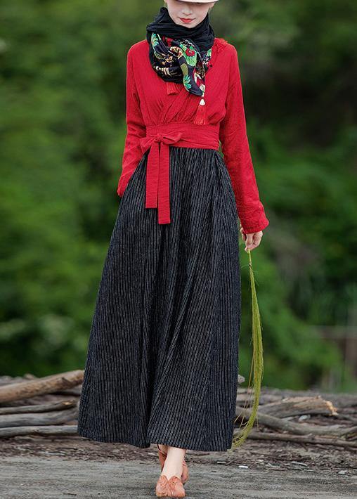 Unique red patchwork striped quilting clothes v neck large hem robes spring Dress - SooLinen