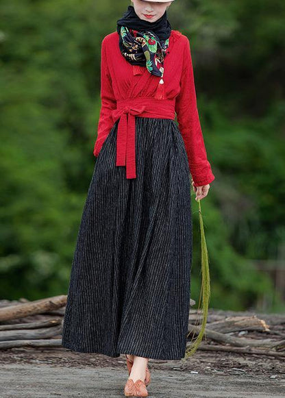 Unique red patchwork striped quilting clothes v neck large hem robes spring Dress - SooLinen