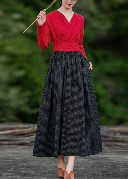 Unique red patchwork striped quilting clothes v neck large hem robes spring Dress - SooLinen