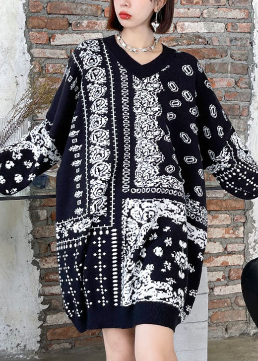 Einzigartige, kuschelige Jacquard-Strickpullover im Retro-Stil mit V-Ausschnitt für den Herbst