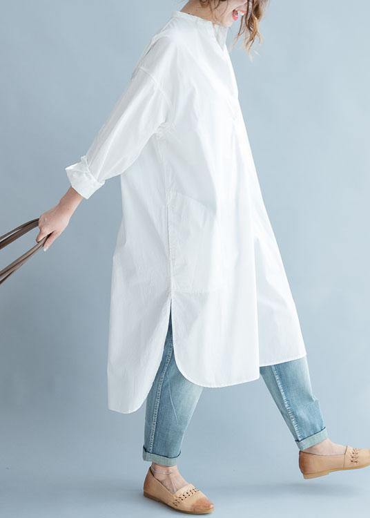 Unique side open cotton tunic pattern white Dresses fall - SooLinen