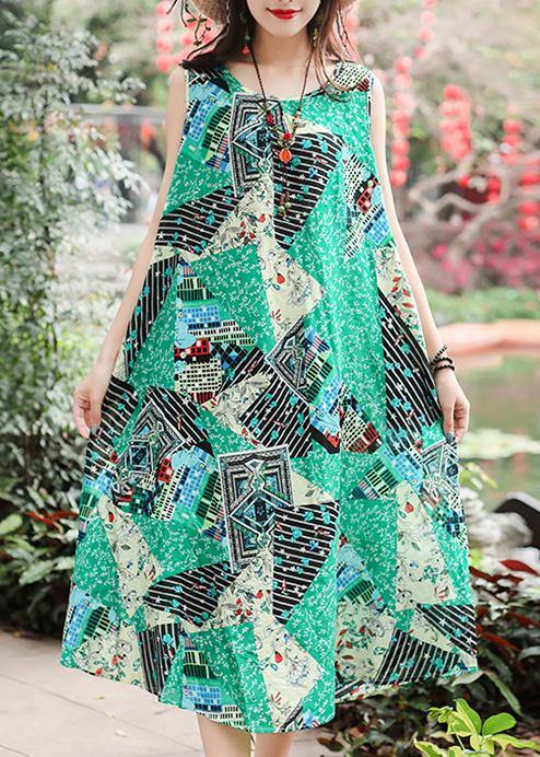 Unique sleeveless tie waist cotton quilting clothes Fashion Ideas green print long Dresses summer - SooLinen