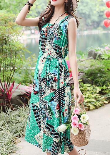 Unique sleeveless tie waist cotton quilting clothes Fashion Ideas green print long Dresses summer - SooLinen