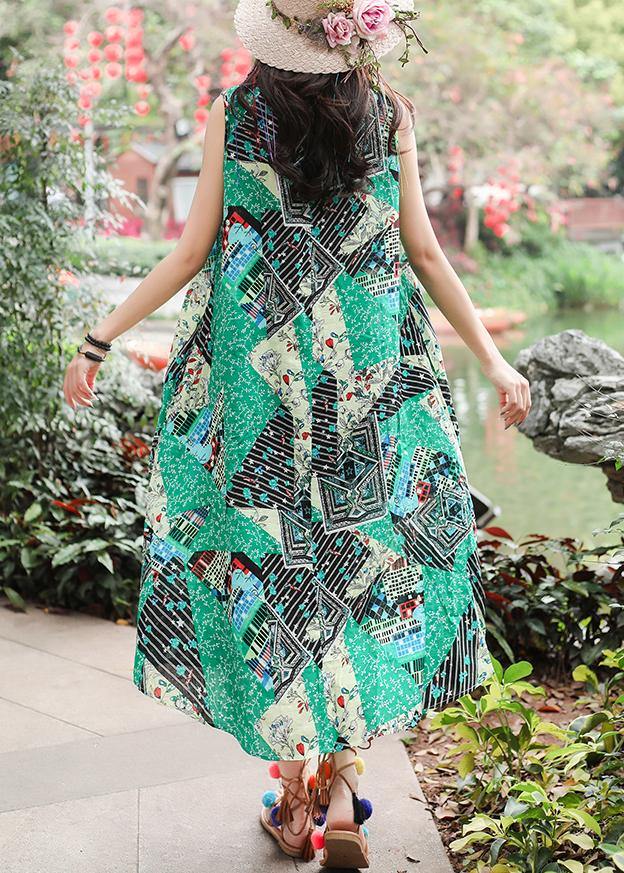 Unique sleeveless tie waist cotton quilting clothes Fashion Ideas green print long Dresses summer - SooLinen