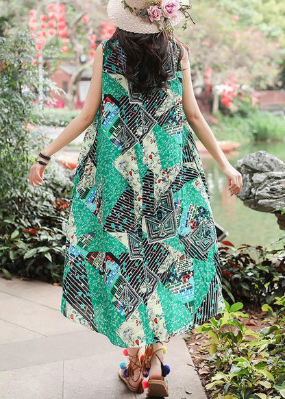 Unique sleeveless tie waist cotton quilting clothes Fashion Ideas green print long Dresses summer - SooLinen