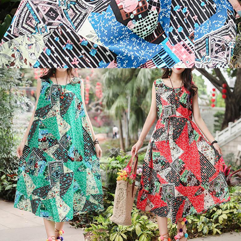 Unique sleeveless tie waist cotton quilting clothes Fashion Ideas green print long Dresses summer - SooLinen