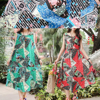 Unique sleeveless tie waist cotton quilting clothes Fashion Ideas green print long Dresses summer - SooLinen
