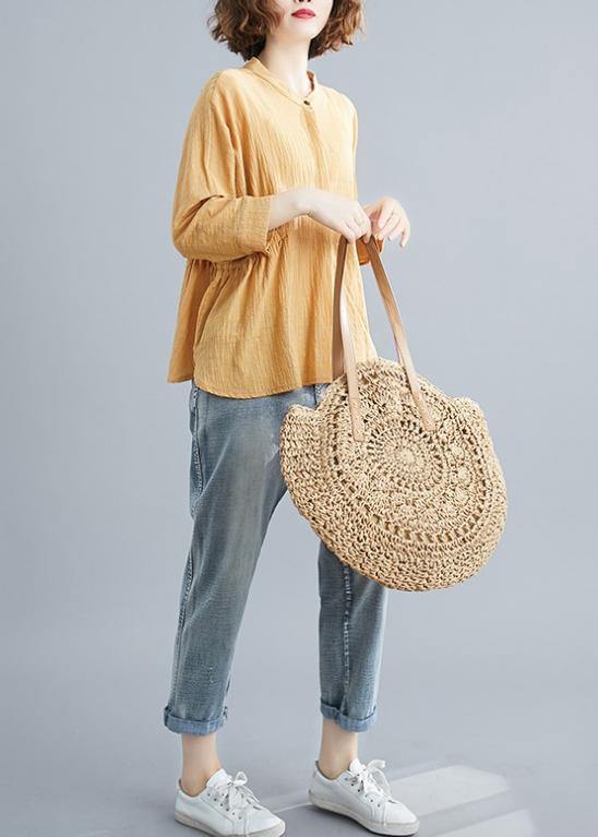 Unique stand collar Batwing Sleeve cotton tunics for women Shirts yellow blouse - SooLinen