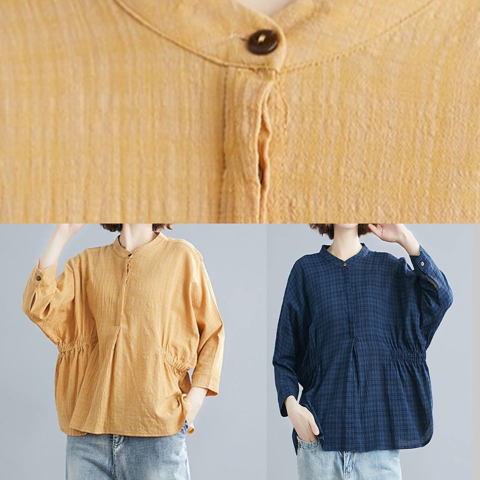 Unique stand collar Batwing Sleeve cotton tunics for women Shirts yellow blouse - SooLinen
