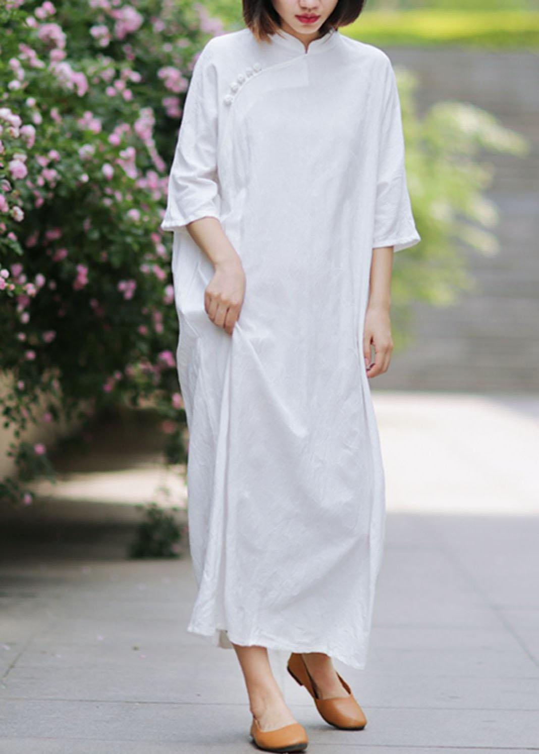 Unique stand collar half sleeve linen summerLong Shirts Tunic dress white Dress - SooLinen