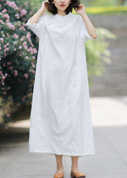Unique stand collar half sleeve linen summerLong Shirts Tunic dress white Dress - SooLinen