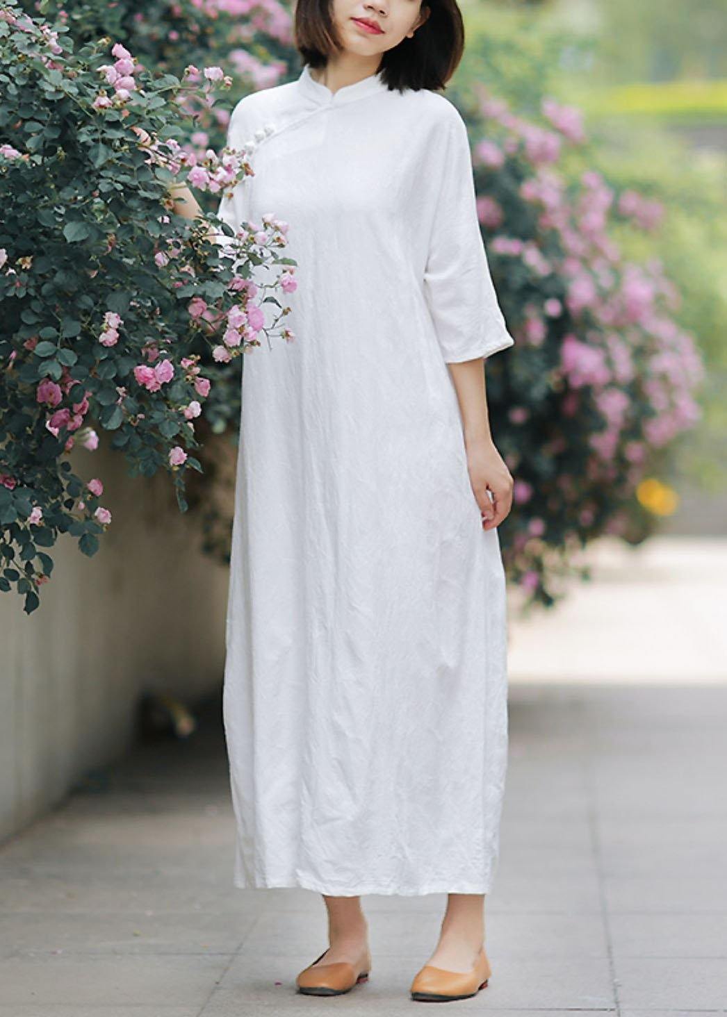 Unique stand collar half sleeve linen summerLong Shirts Tunic dress white Dress - SooLinen
