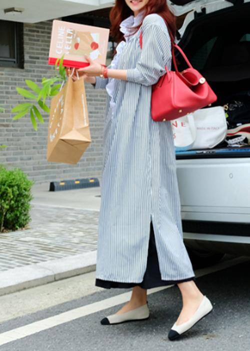 Unique striped cotton Tunics Ruffled asymmetric Maxi Dress - SooLinen