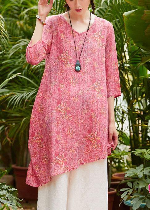 Unique v neck asymmetric linen Long Shirts Work pink print Dresses summer - SooLinen
