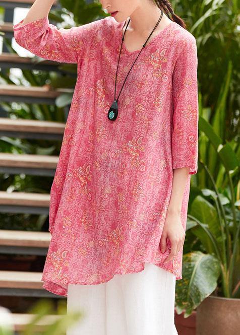 Unique v neck asymmetric linen Long Shirts Work pink print Dresses summer - SooLinen