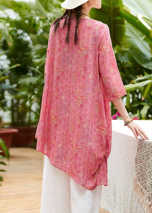 Unique v neck asymmetric linen Long Shirts Work pink print Dresses summer - SooLinen