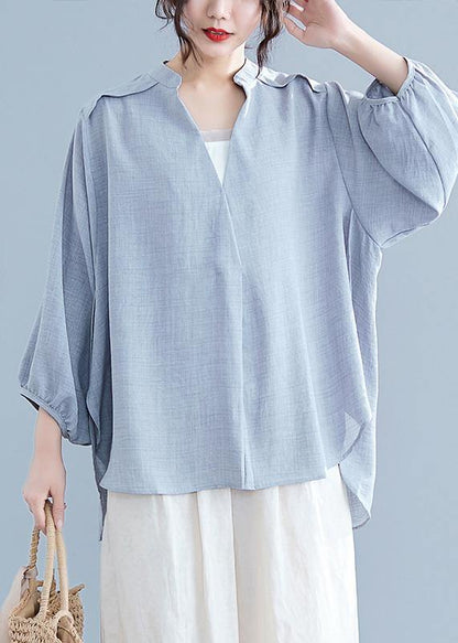 Unique v neck batwing sleeve cotton linen tops women gray Plus Size blouses summer - SooLinen