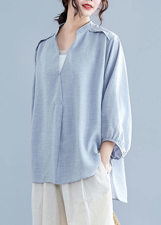 Unique v neck batwing sleeve cotton linen tops women gray Plus Size blouses summer - SooLinen